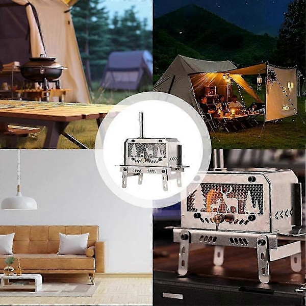 Bærbar vedovn for utendørs camping, kompatibel med telt, rustfritt stål, dekorativt juletre og bord