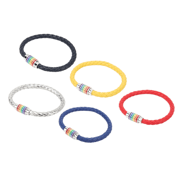 5-pack flätade armband i rött, blått, silver, gult och marinblått med magnetiskt spänne i läder för present