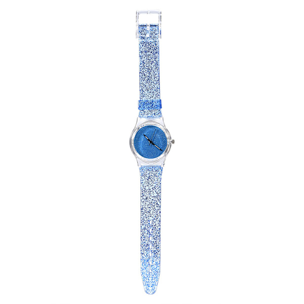 Kvartsarmbåndsur, rund plastrem, glitterpulverarmbåndsur (blå)