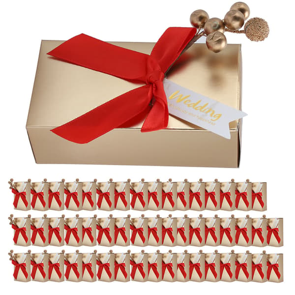 50 st Bröllopsgåvor Godis Souvenirer Present Papperspresentförpackning för Bröllop med Rosett Röd