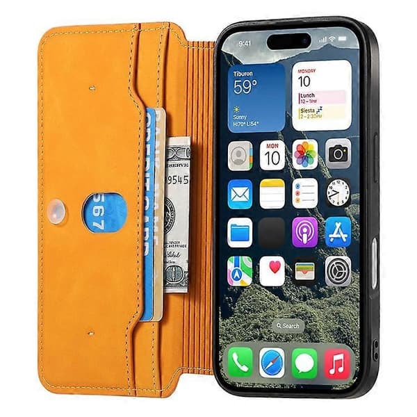 CASENEO Compatible with iPhone 16 Cross-Grain Leather Case Detachable Magnetic Phone Case Yellow