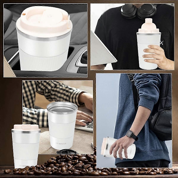Kaffekopp, Isolert Kaffekopp Rustfritt Stål Reisekopp - Dobbel Vegg Bilkopp Isolasjonslokk Miljøvennlig Gjenbrukbar Kaffekopp, 380ML/13oz (Hvit-A)