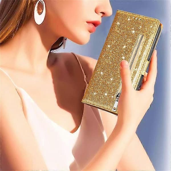 Kompatibel med iPhone 16 Pro Max Etui Glitter Læder Stativ Telefonetui Lynlåslomme Gold
