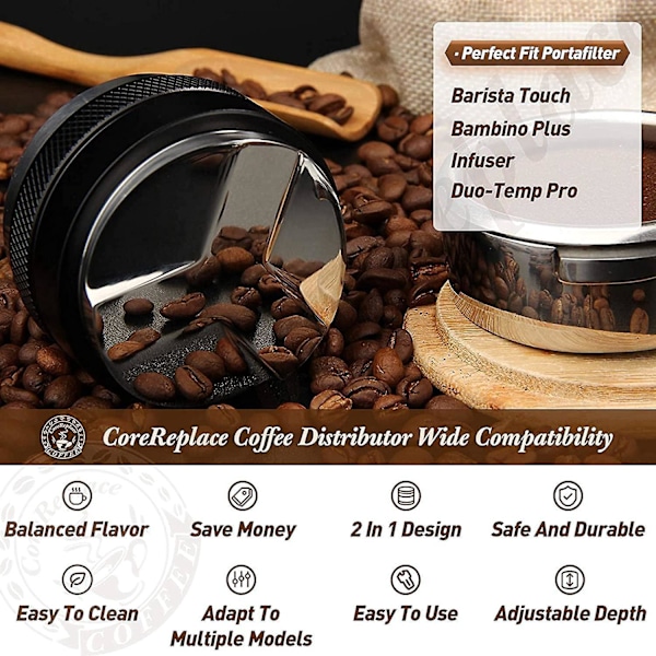 53mm Kaffedispenser og Tamper i Rustfrit Stål, Dobbelt Hoved Kaffeniveller Justerbar Dybde Professionel Håndholdt Tamper