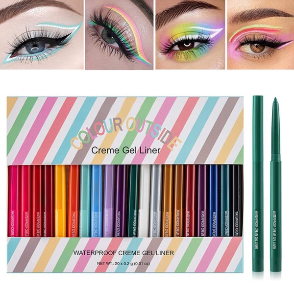 20 stk Fargerike Gel Eyeliner Blyantsett Fargede Eyeliner Langvarig Vanntett, flekkersikre Øye Sminke Eyeliner for kvinner