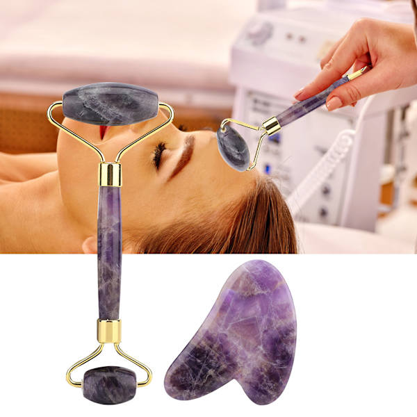 Naturlig ametist Dubbelhuvud Jade Stone Roller & Guasha skrotningsplatta Ansiktsmassageverktygssats