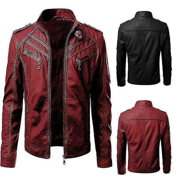 Snygg Svart Motorcykel Zip-Jacka i PU-Läder för Män, Kragemodell, 4XL