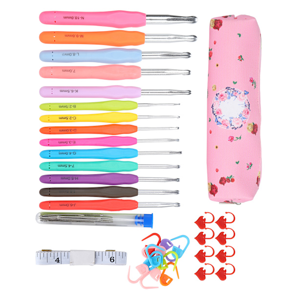 Virka nål set TPR mjukt handtag nålar kit DIY stickning verktyg hushållsartiklar C1‑rosa väska