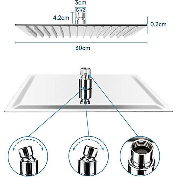 Kvadratisk antikalkbrushoved, 12-tommer vandbesparende regnbruserhoved, poleret kromfinish