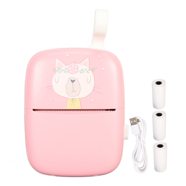Lommeter termisk printer med 3 ruller papir, notes label maker, mini fotoprinter, indbygget batteri, pink