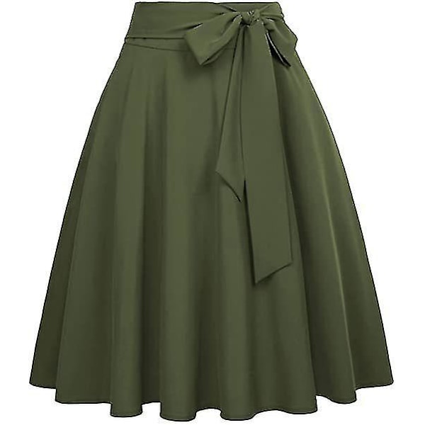 High-Waisted A-Line Midi Skater Skirt with Pockets L green