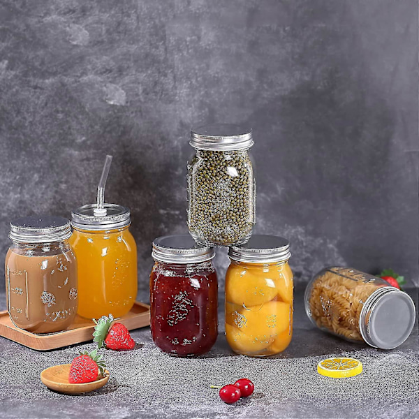 6 Pakker Glas Krukker Med Låg, Mason Krukker 450ml Madopbevaringskrukker Til Henkogning af Marmelade, Yoghurt Honning Bønner Med Ekstra Låg 18 stk