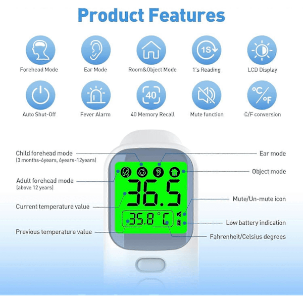 3 i 1 infrarødt pandetermometer kontaktfrit pandetermometer med feberalarm, baggrundsbelyst quadricolor digitalt display, voksentermometer med mig