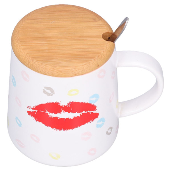 Keramisk krus kaffekopp 450ml Nydelig trykk te drikkekopp med skje trelokk for daglig bruk Rosa