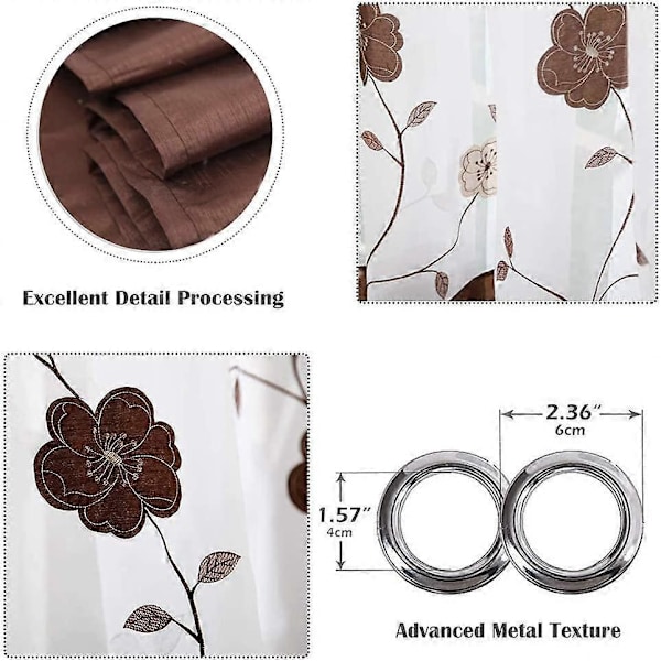 Sett med 2 blomstrete broderte, transparente blondegardiner for soverom, kjøkken, stue, 140cmx175cm, Brun