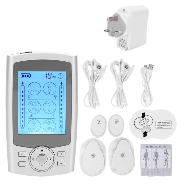 24 moduser TENS massasjeapparat, oppladbar pulsmuskelstimuleringsmassasjeapparat for rygg, kne, nakke, 110‑240VUK-plugg