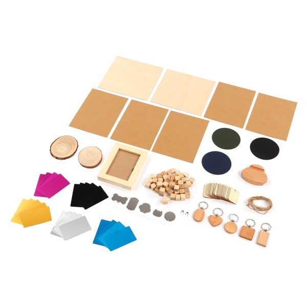 Lasermaterialkit 11 sorters material rostfritt stål furu trä DIY tillverkning CNC lasergravering materialset för träbearbetning