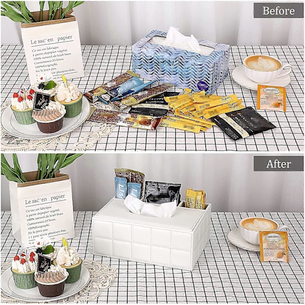 Rektangulär servettbox i PU-läder - Multifunktionell servetthållare med låda för kontorsmaterial och fjärrkontroller, innehåller inga andra föremål, dekorativ servettpenna