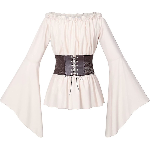 Ruffle Smocked Midja Viktoriansk Pirat Skjorta Blus Set Liten Beige