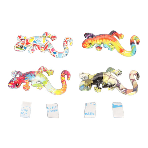 4 stk. Gecko vægdekoration i klare farver, farveægte harpiks, 3,9 tommer lang, 2,2 tommer bred firbenhave skulptur til dekoration af huset