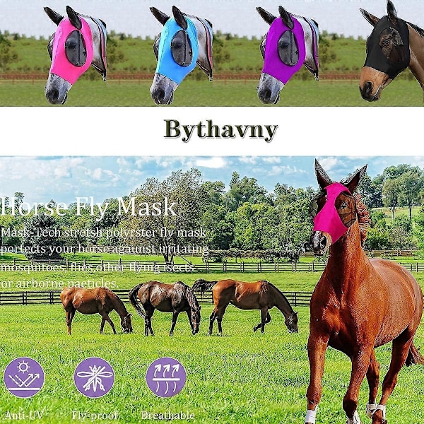 Hästflugmask, Flugmasker för hästar med öron, Mjuk & Elastisk Lycra Flugmask, Ridning och UV-skydd