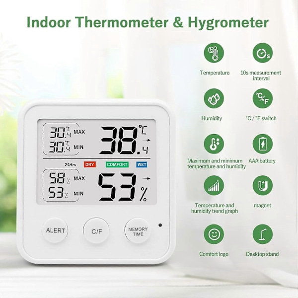 Digitalt hygrometer, indendørs termometer, hygrometer, med temperatur- og fugtighedsmåler