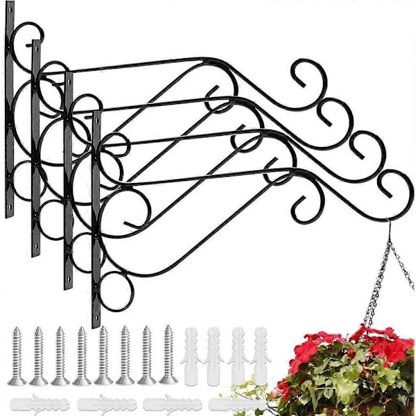 Stk. Smedejerns Hængende Plantekrog Vægmonteret Planteholder med Skruer Væghængende Planteophæng 26 * 21 * 1,5 cm Retro, Sort