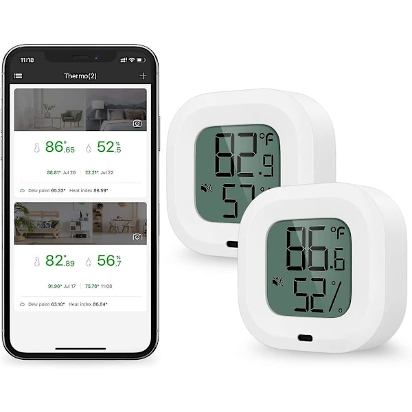 Bluetooth Hygrometer Termometer, Trådløs Sensor med Alarm Notifikationsfunktion og Dataeksport via APP til iOS Android, 【2 Styk】