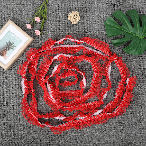 5 meter fläckig prickar plisserad spetsband sytråd paljetter broderad DIY-hantverk (röd)