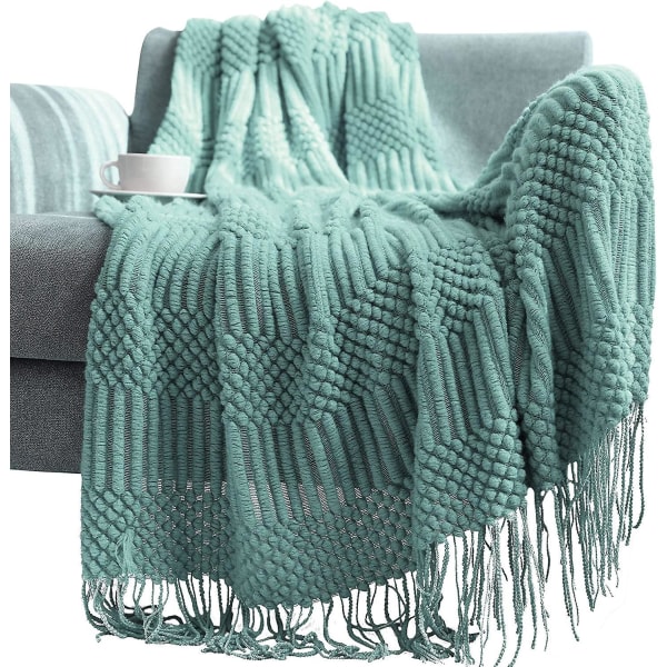 Grønt strikket teppe til sofa og seng - 130x172cm