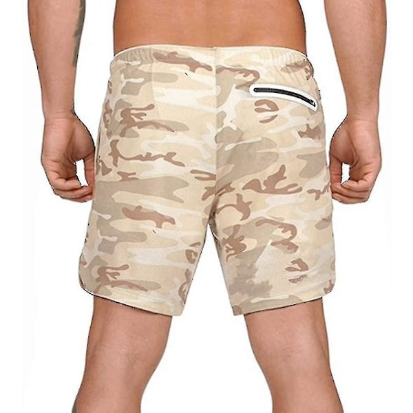Kevyt ja nopeasti kuivuva miesten 2-in-1 juoksushortseja kuntosaliharjoitteluun XL Beige Camouflage
