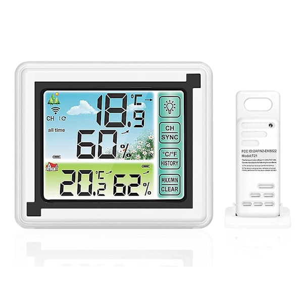 Trådlös väderstation med utomhussensor, termometer och digital hygrometer för inom- och utomhusbruk, justerbar bakgrundsbelysning med stor LCD-skärm