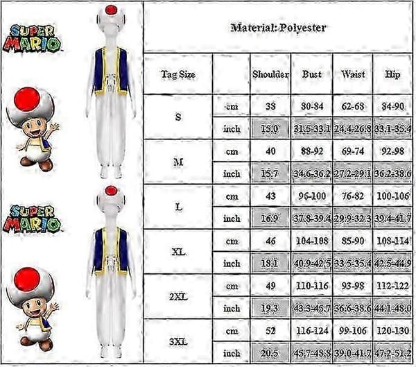 Aikuisten Super Mario Bros 2 Toad -cosplay-asu, paita + housut + hattu, polyesteri S