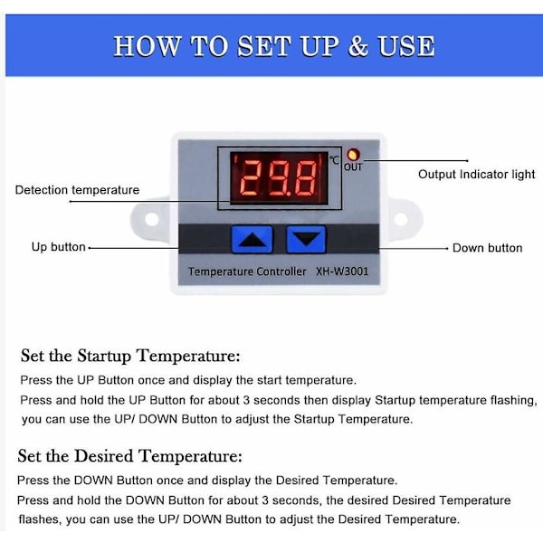 220 Digital LED Temperaturkontrollmodul, XH-W3001 Termostatbrytare med Vattentät Sond,