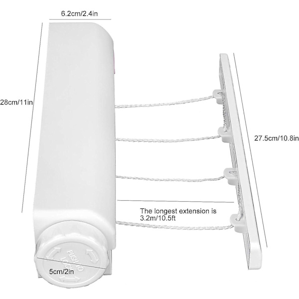 Kompakti sisäänvedettävä pyykkinaru sisä- ja ulkokäyttöön - Seinälle kiinnitettävä muovinen kuivausteline, 4 riviä
