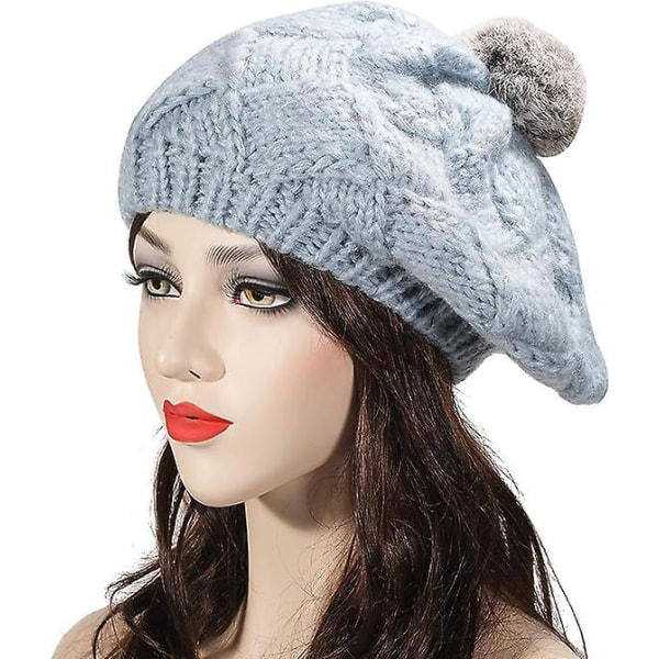 Moderigtig blå strik baret hat med imiteret pels pompom til kvinder