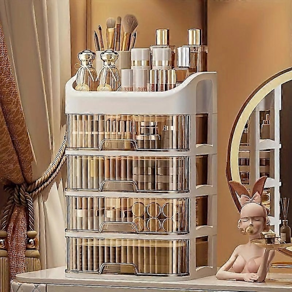 Multi-lags og multifunktionel makeup- og smykkeopbevaringsboks, transparent skrivebordsorganisator, stor kapacitet, hvid, to lag