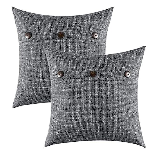 Firkantede Dekorative Putetrekk Rustikk Stil Lin Dekorative Putetrekk med Dekorative Knapper for Sofa Soverom Hjem Mørk Grå 45X45CM, 2 Stykker