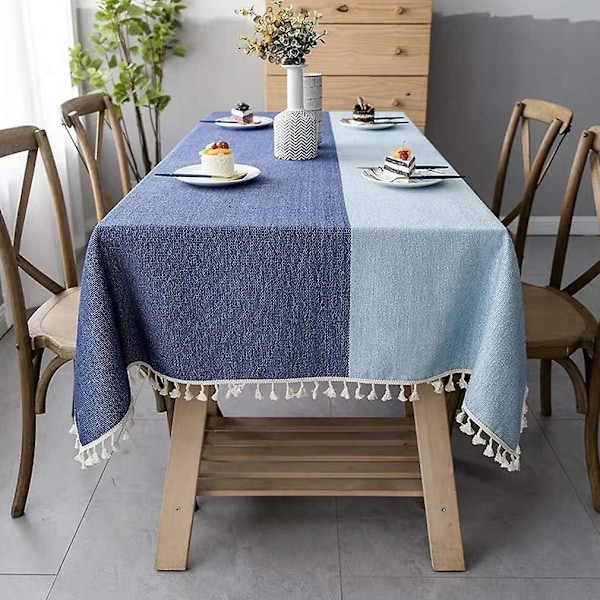 Støvtett rektangulært duk med frynser for hage tebord 140x220cm mørk blå lys blå