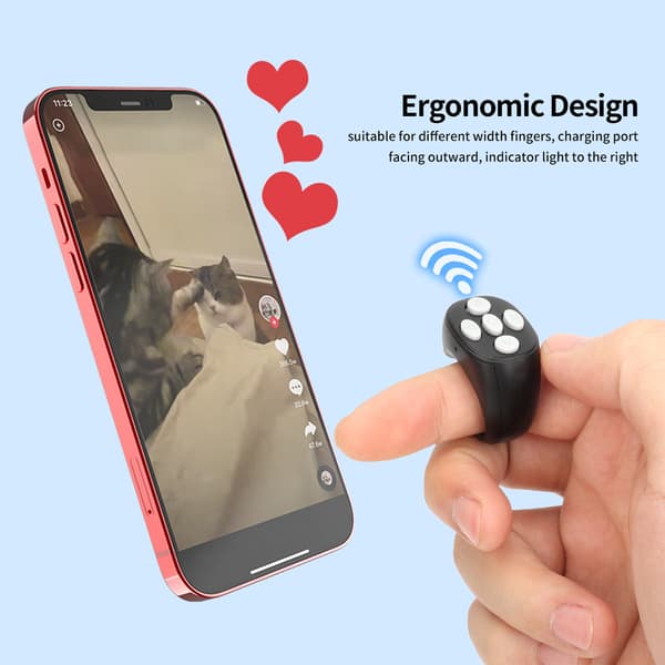 Bluetooth 5.3 Ringfjernkontroll for Sideoppvending, Kamerautløser, Selfie-Fjernkontroll for Video og Lesing