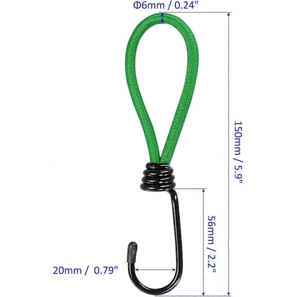 Elastisk snodd med krok - Presenning Gummiband Rep Fästning Tält Tillbehör, Används för Utomhus/Camping/Vandring (6\" Längd, Grön)