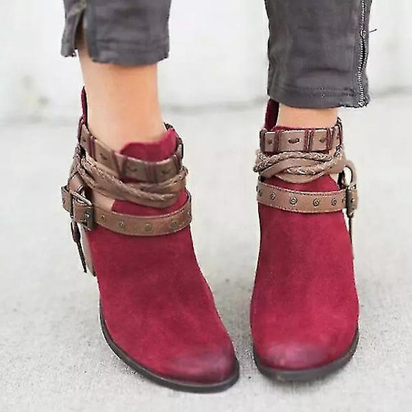 Röda spännskor med chunky klackar för kvinnor, ankelboots för vinter/höst, avslappnad stil