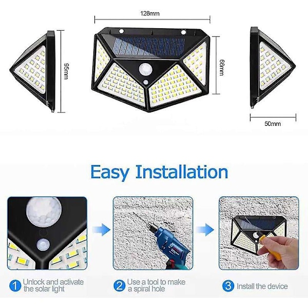 Solcellelampe Utendørs 100 LED 270° Bevegelsessensor Sikkerhet Solcelle Vegglampe (2 Pakning)
