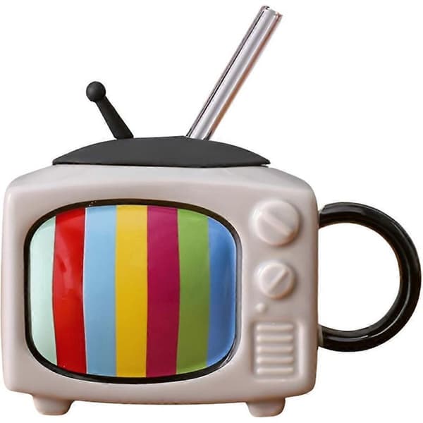 Firkantet keramisk kaffekoppsett med sugerør og retro-TV - Lys grå