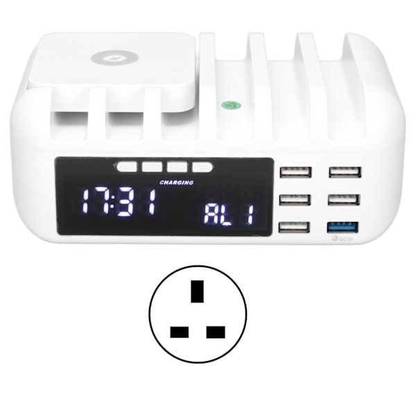 Multifunktionel 5-ports oplader trådløs USB hurtigoplader desktop digitalt ur mobiltelefon oplader 110‑240VUK stik