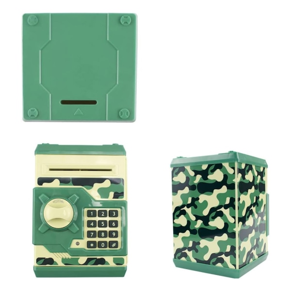 Kids Toy Piggy Bank, Mini ATM Elektronisk banktjenester for mynter og sedler med kode og automatisk pengerulling for gutter, jenter (Green Camo)