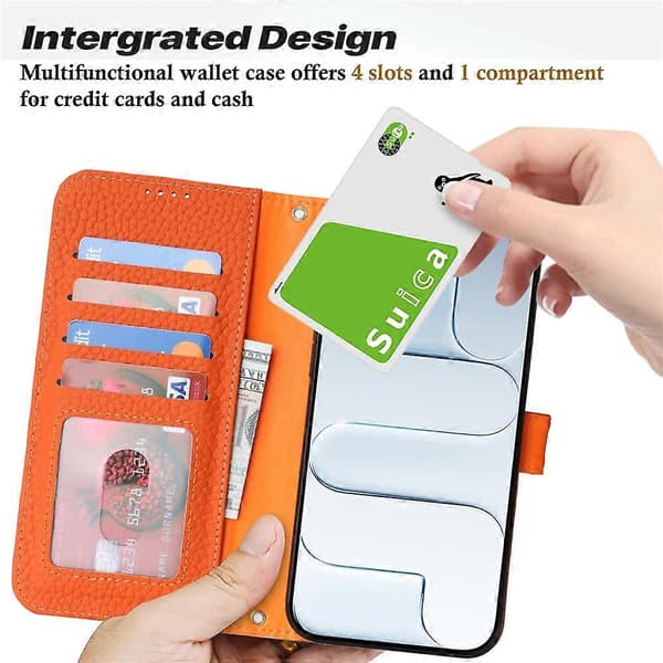 Kompatibel med iPhone Air Stativfodral Litchi Textur Äkta Kohud Plånboksfodral RFID Orange