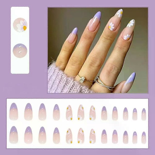 24 stk./eske Lilla Ballerina Løsnegler med Frisk Blomster Almond Patch Design Press-on Falske Negler Med Avtakbare Negler for Fest W076-FakeNailsArt