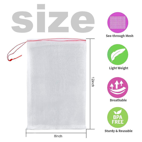Fruktnettposer, 100 stk 12\"x8\" - Nylonnett med snor for beskyttelse av frukt