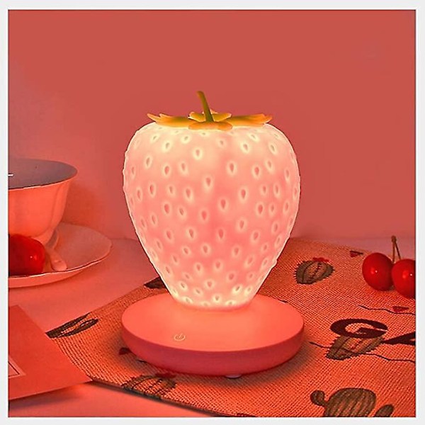 1 stk. USB Oppladbar LED Lys Rosa Jordbærformet Silikonlampe Nydelig Nattlampe Kvelds Soveromslampe, 10*14.5cm
